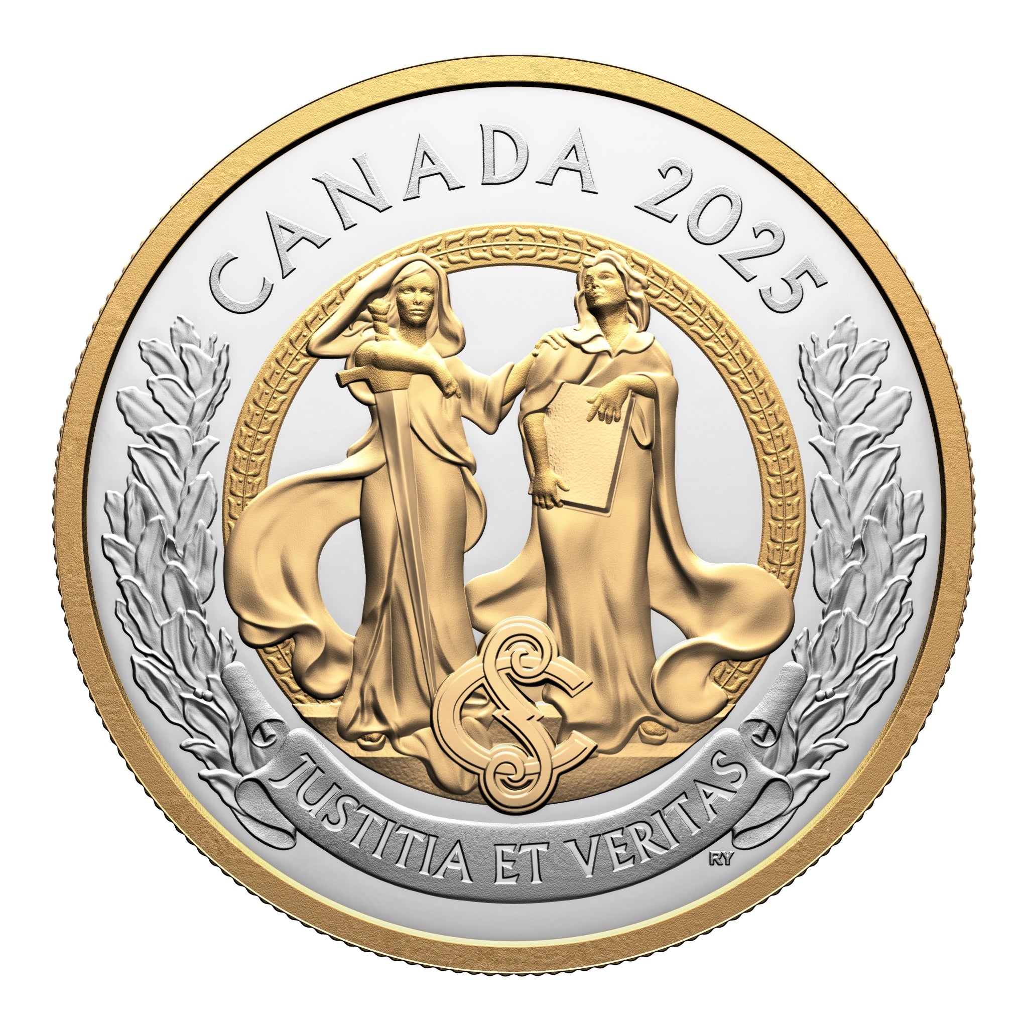 2025 Canadian $20 fine silver coin featuring allegories of Justice and Truth, front view highlighting yellow gold plating and proof finish