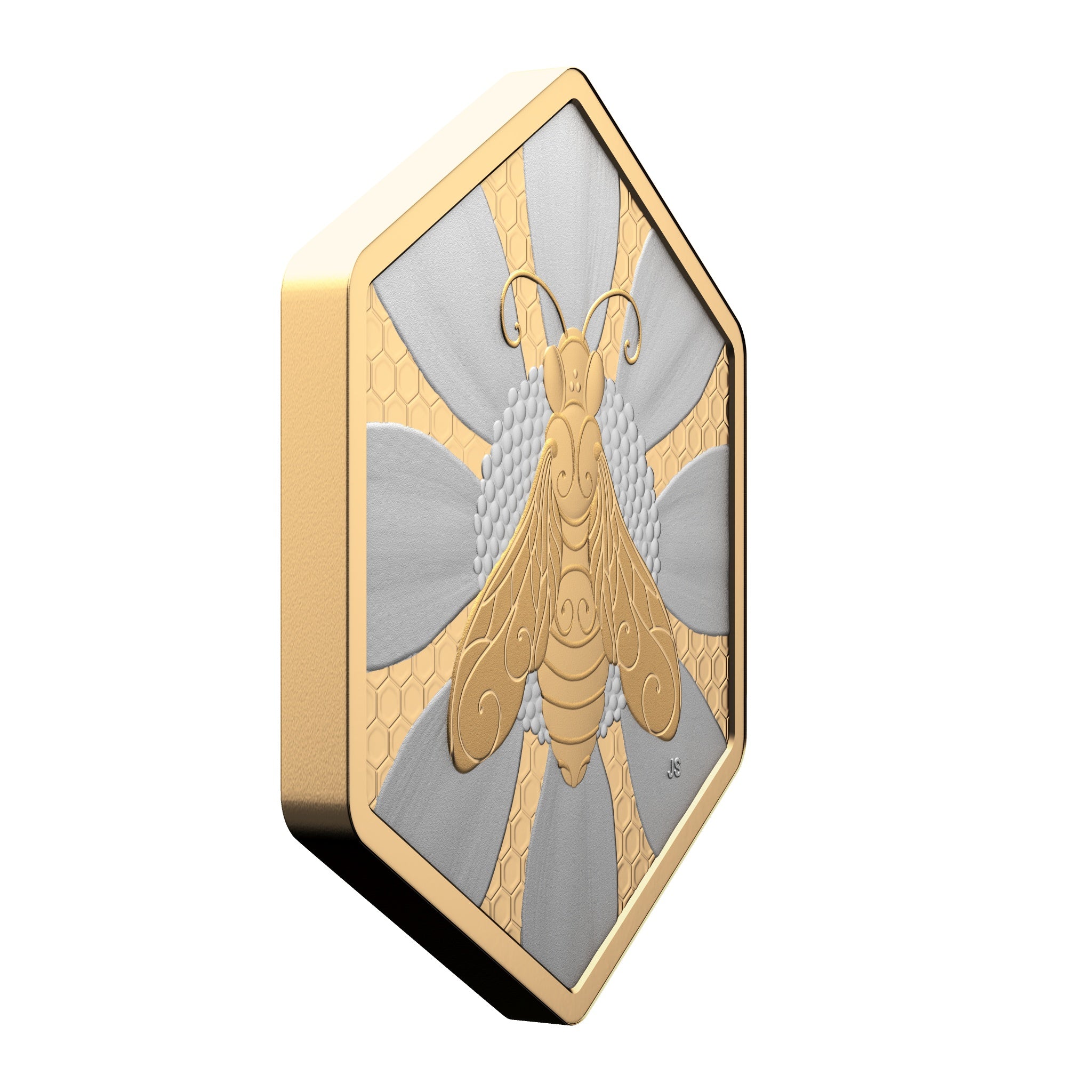 Backlit image showing honeycomb pattern texture on silver coin with gold plated bee