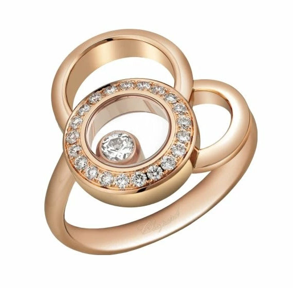 Chopard 18kt yellow gold Happy Dreams ring featuring round brilliant cut diamonds, elegant profile view, weighing 6.86 grams