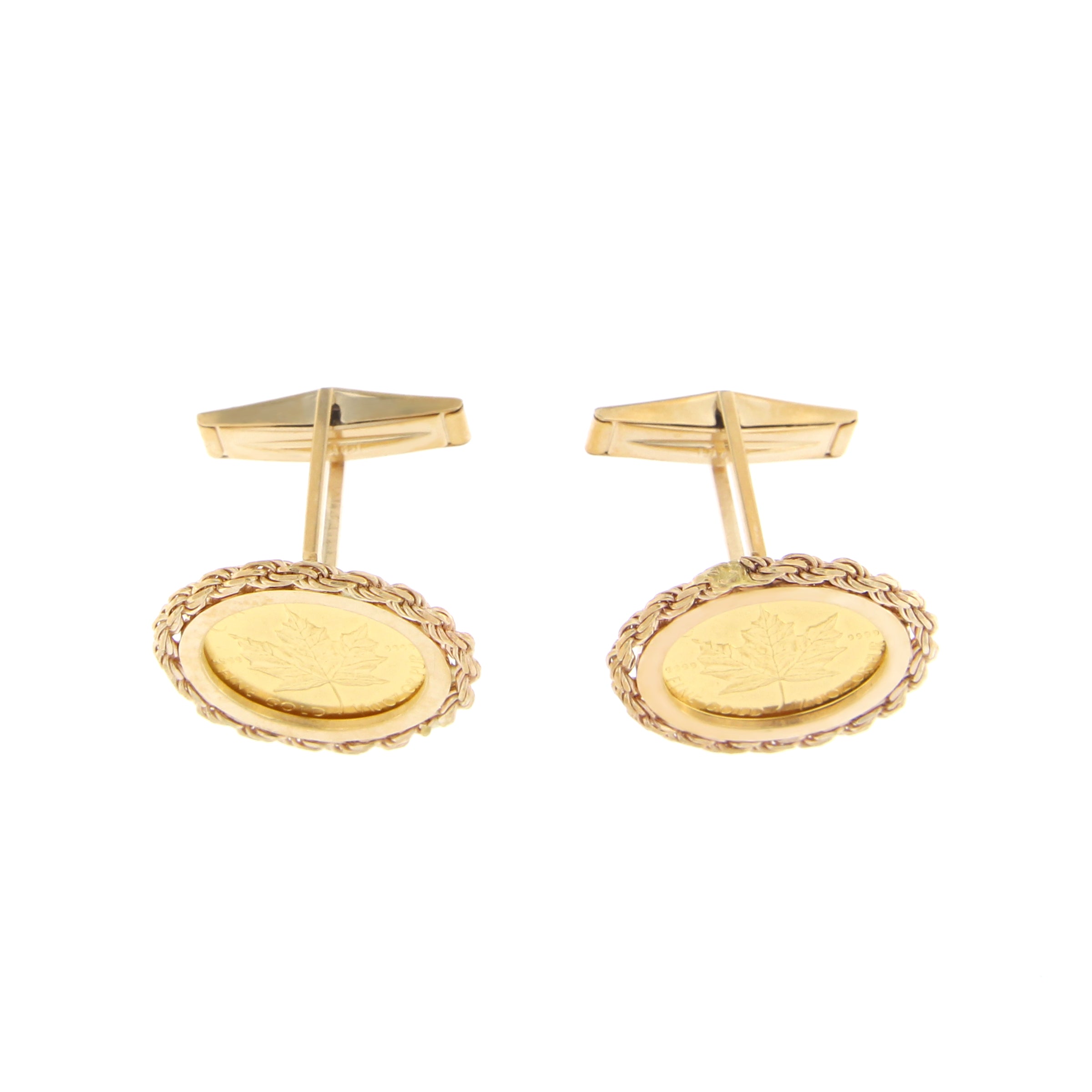 14kt yellow gold rope style bezel cufflink featuring a 1/10 oz gold Maple Leaf coin, side angle showing mounting detail