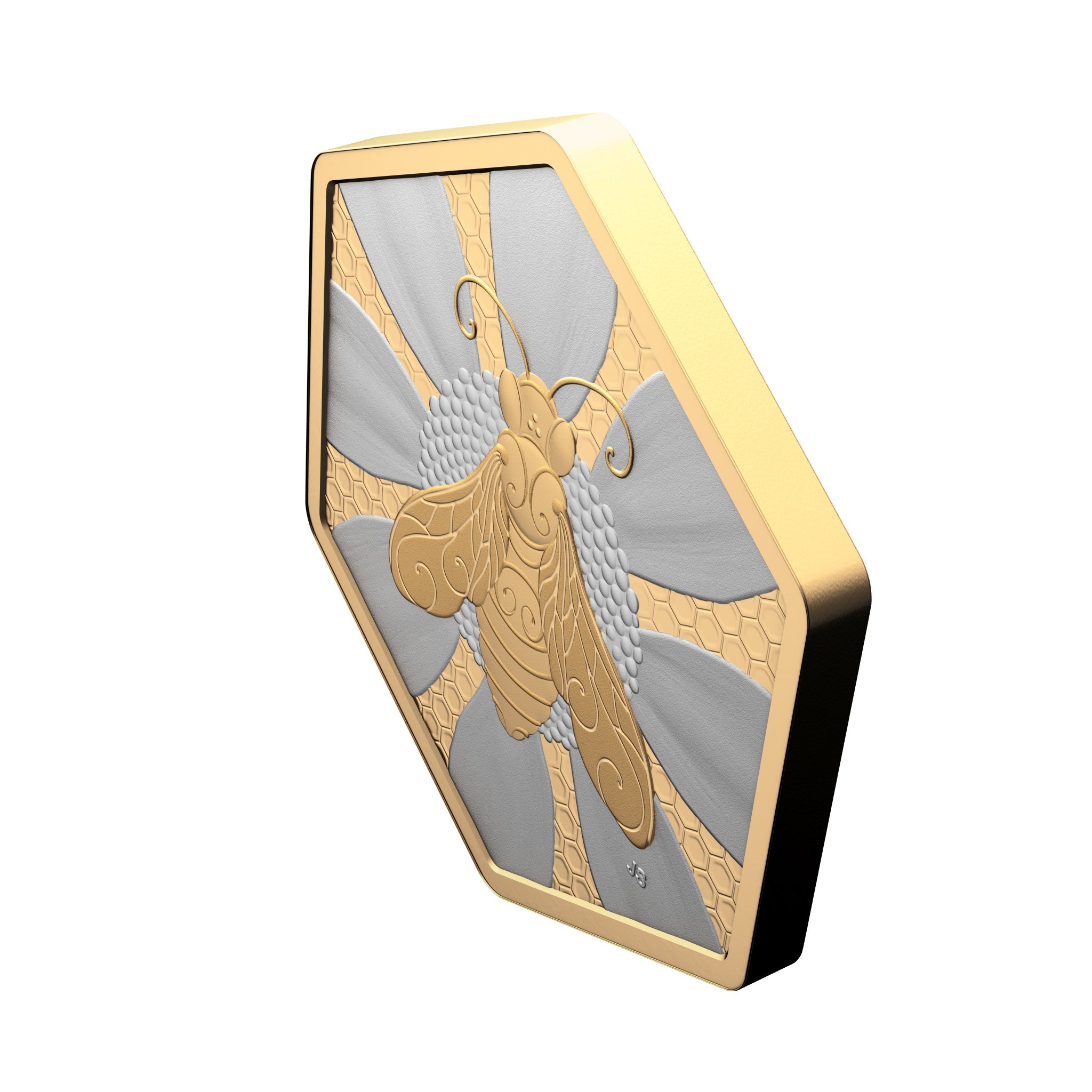 Detailed view highlighting the amber hue of yellow gold plating over honey bee on silver coin