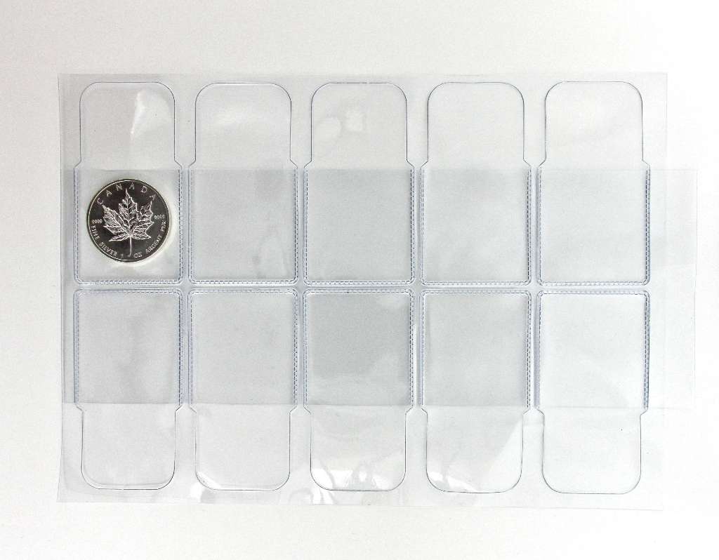 Clear UA 2x2 vinyl coin envelopes on sheets, showing durable transparent vinyl material designed to protect collectible coins