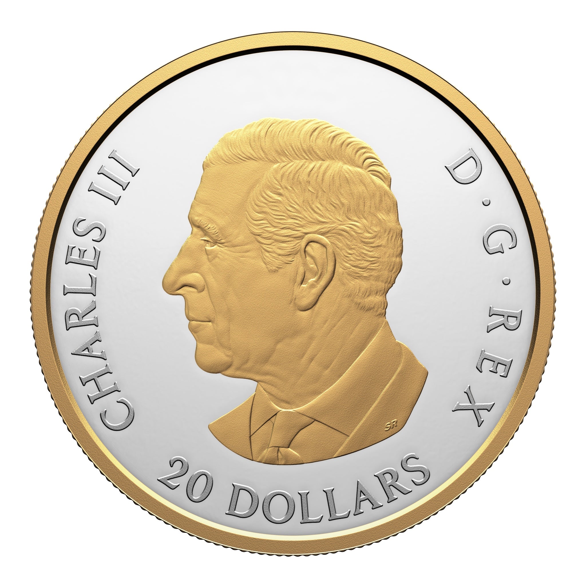 Close-up of 2025 $20 fine silver coin open core design showing Veritas and Ivstitia figures in yellow gold plated silver, proof coin surface