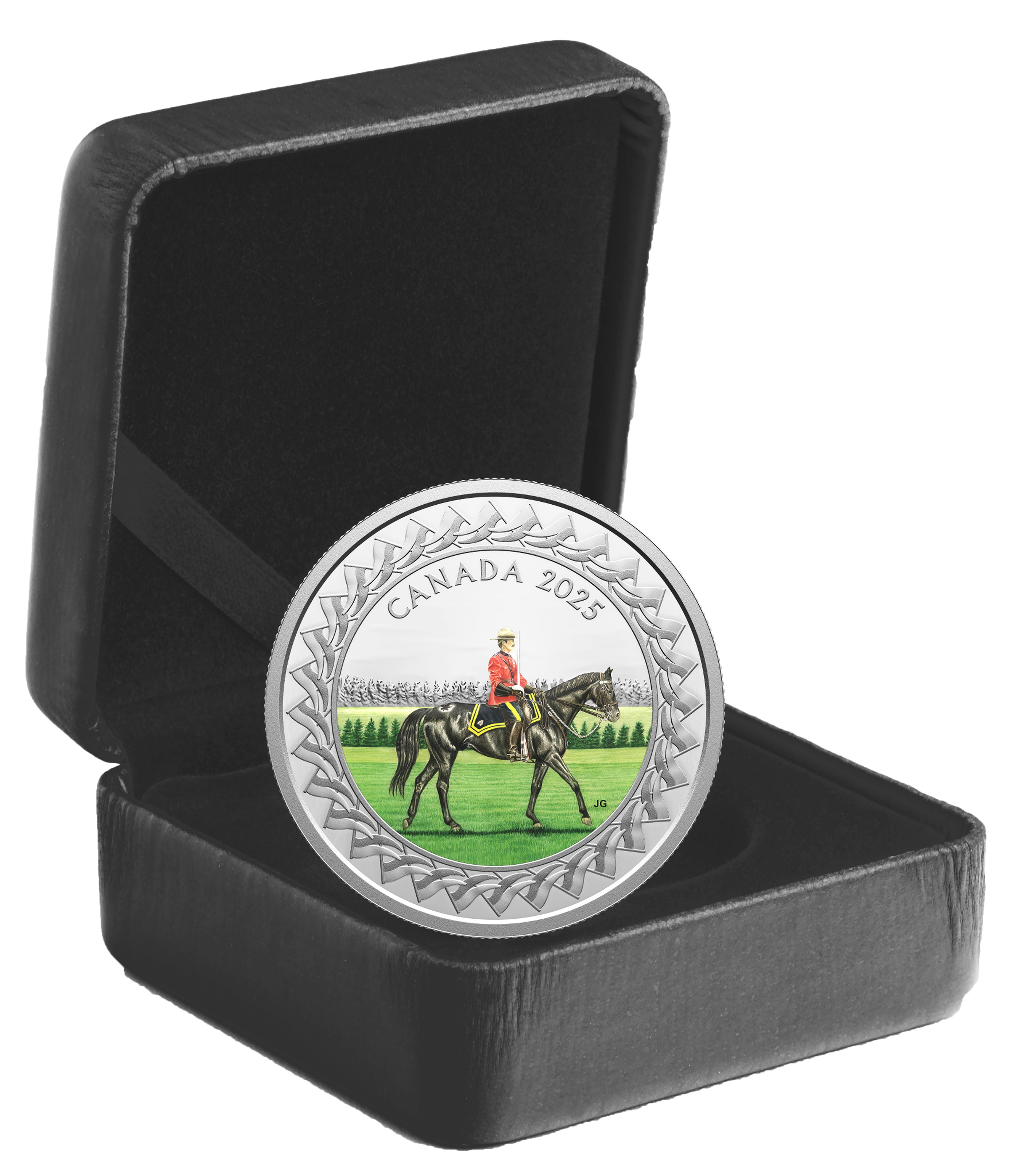 2025 $20 Canadian proof silver coin angled view illustrating Mountie leading the Salute in vibrant color on high purity silver