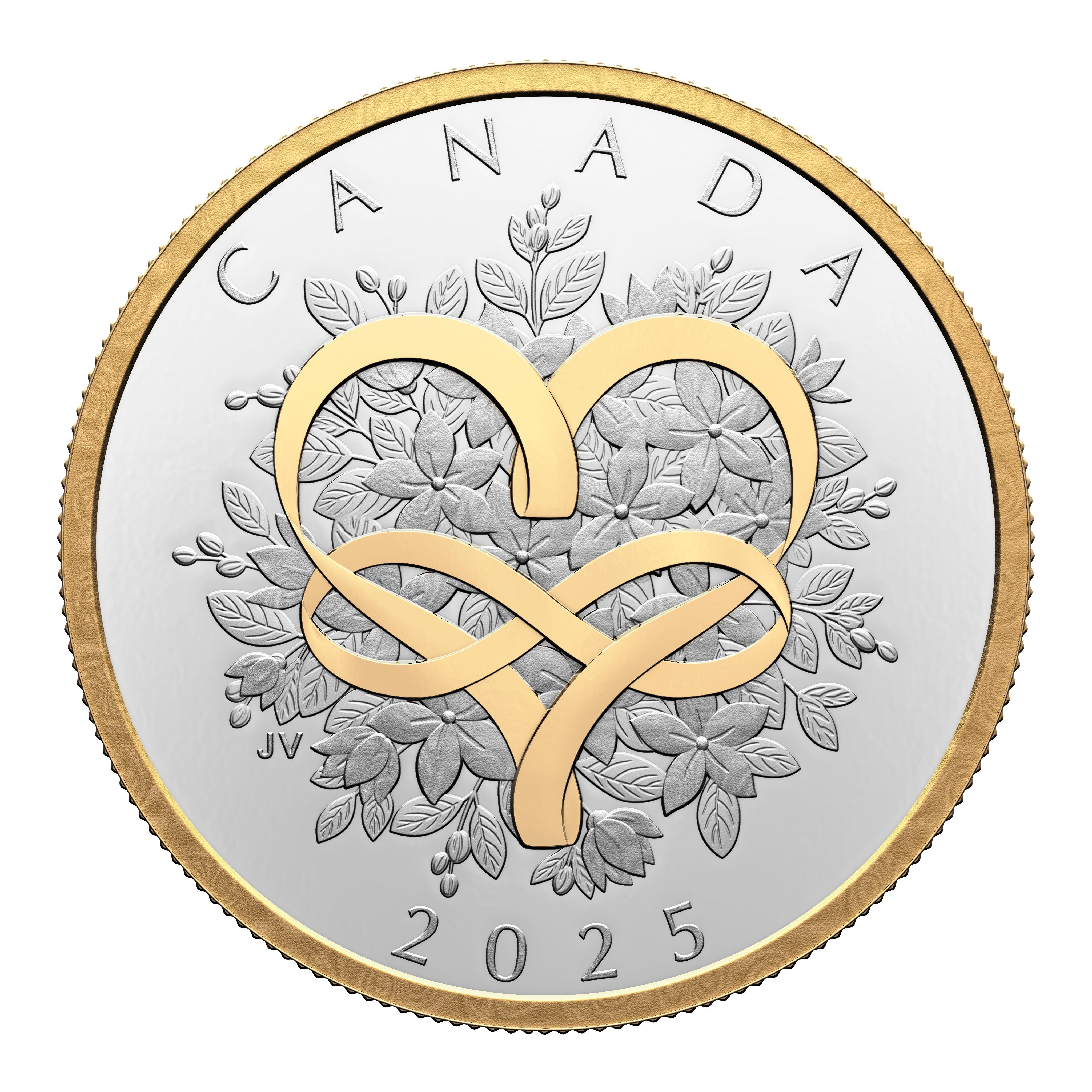 2025 Canadian $20 fine silver proof coin showing jasmine flower and infinity heart motif with gold plating, front angle