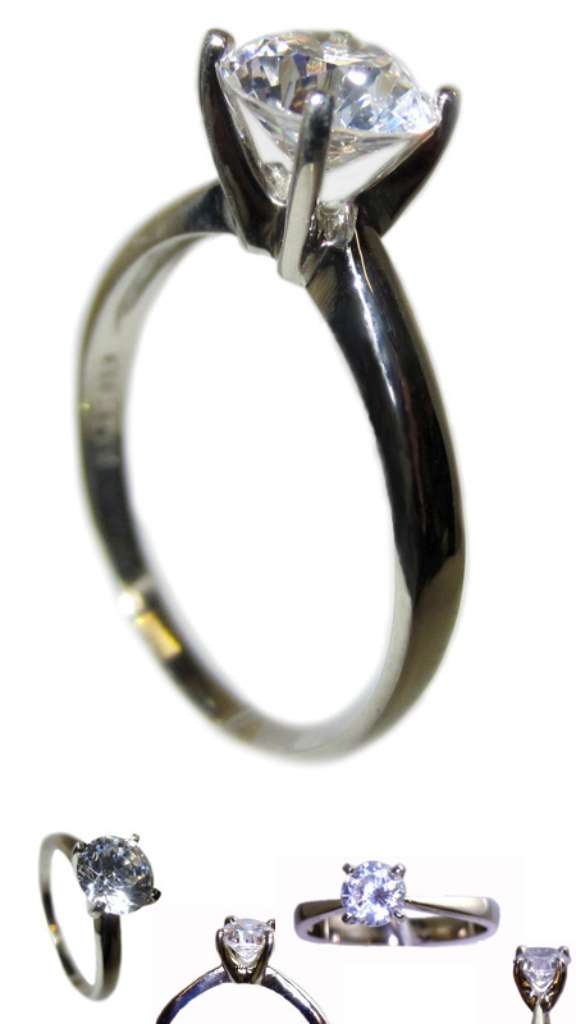 Close-up of ladies 14kt white gold 4-claw ring mounting, elegant polished finish, lightweight 1.4 grams