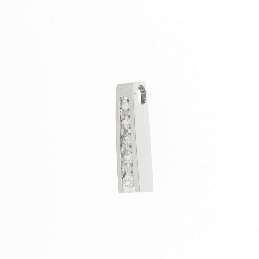 Close-up of 14K white gold diamond pendant showing the setting and diamond clarity