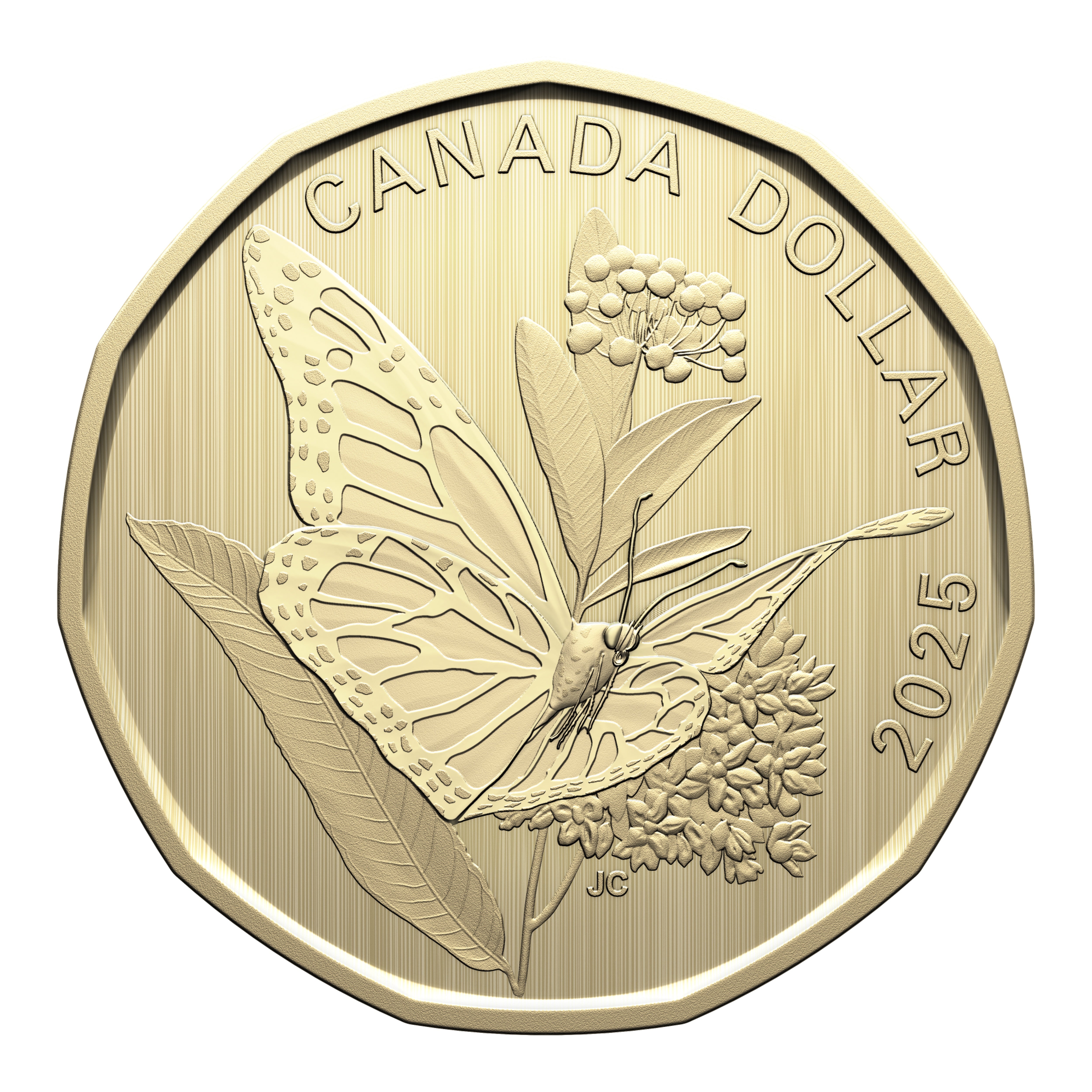 Close-up of the exclusive 2025 $1 monarch butterfly coin highlighting detailed butterfly and milkweed design, base metal specimen finish