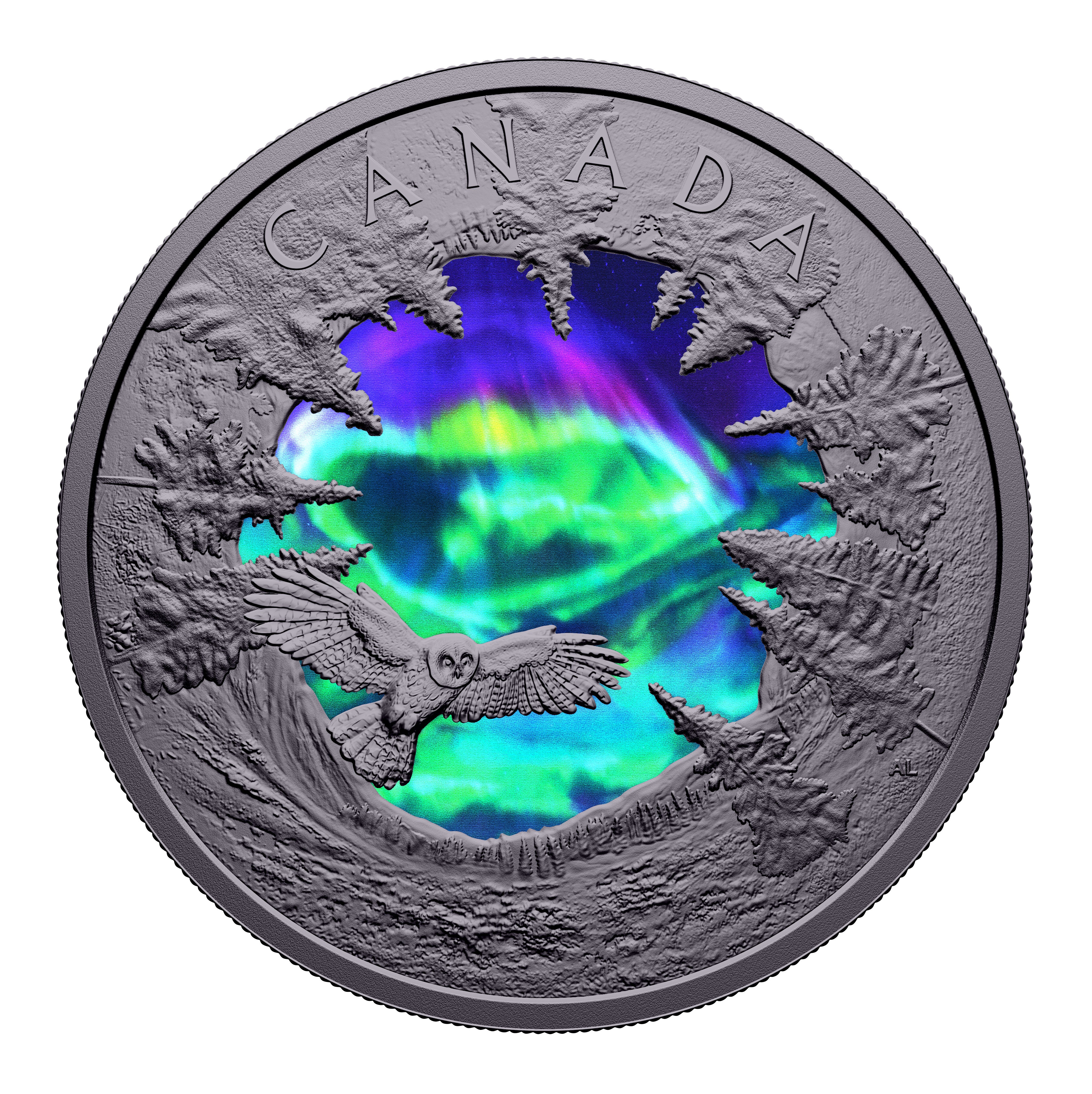 Reverse side showing colored aurora borealis and detailed Canadian wilderness panorama with nocturnal creature