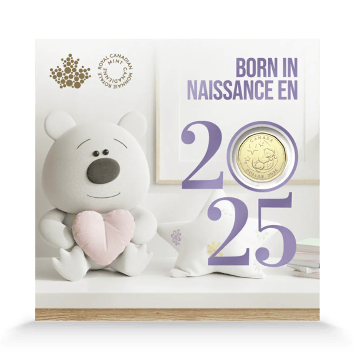 2025 Canadian Baby Gift Set base metal coins displayed in protective folder, showing polar bear $1 coin and certificate