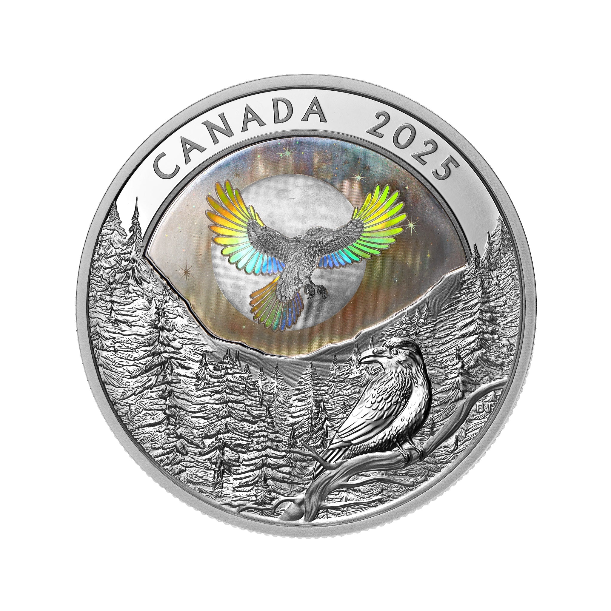 Obverse side of 2025 Canadian $20 silver coin highlighting detailed proof finish and pure silver composition