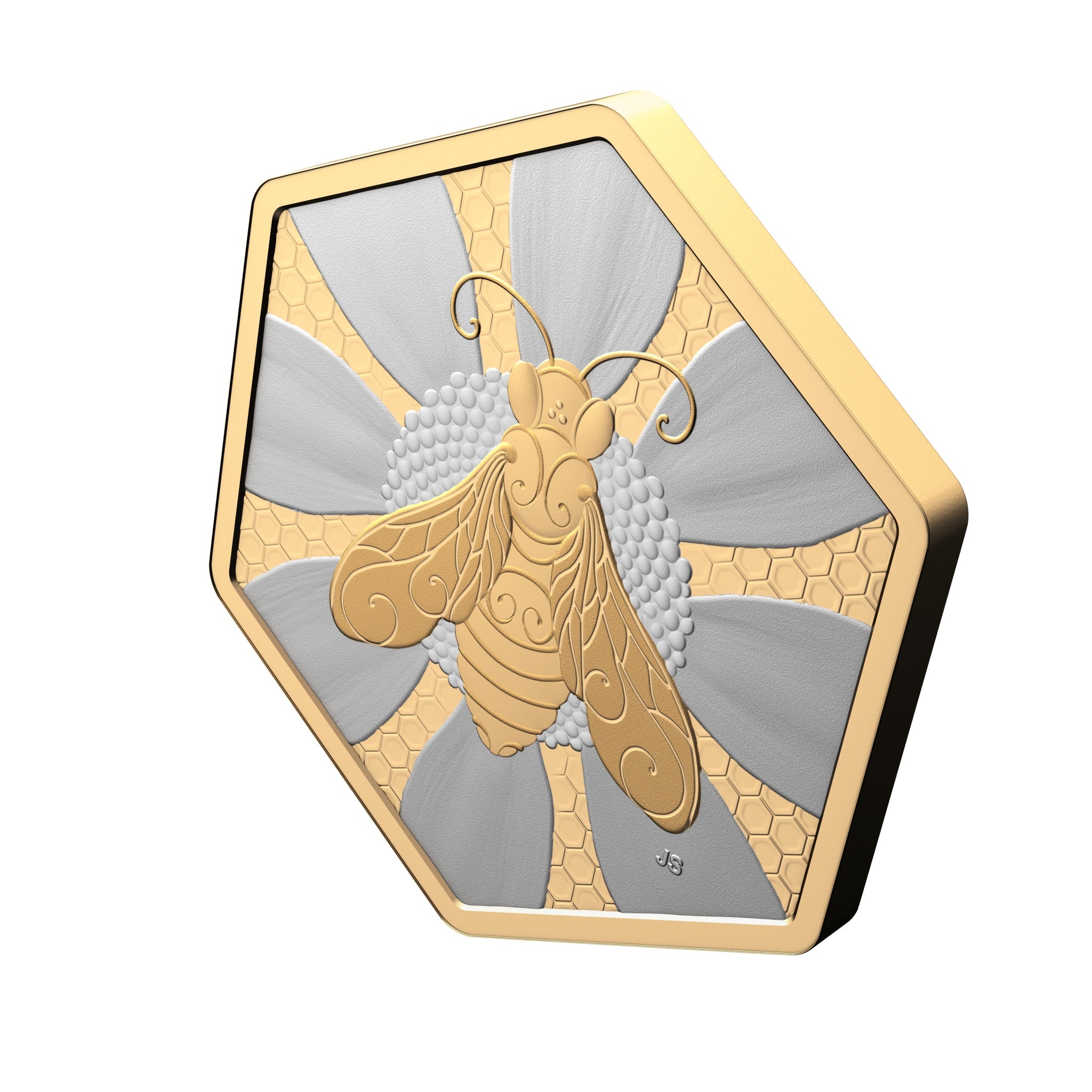 Display of multiple angles of 2025 fine silver hexagonal coin with gold-plated honey bee