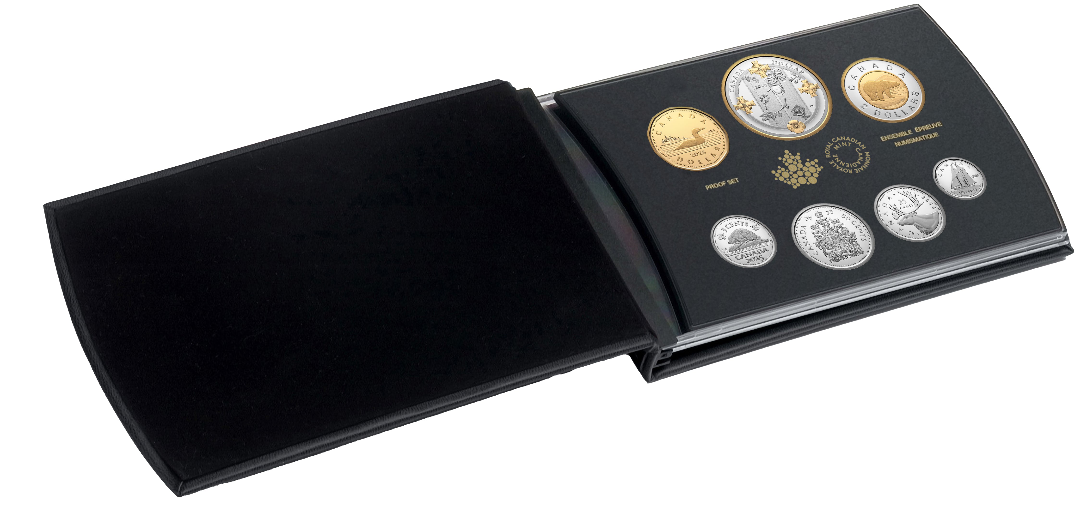 2025 Canada Silver Proof Set seven coins with tomb of the unknown soldier motif, gold-plated accents, front angle