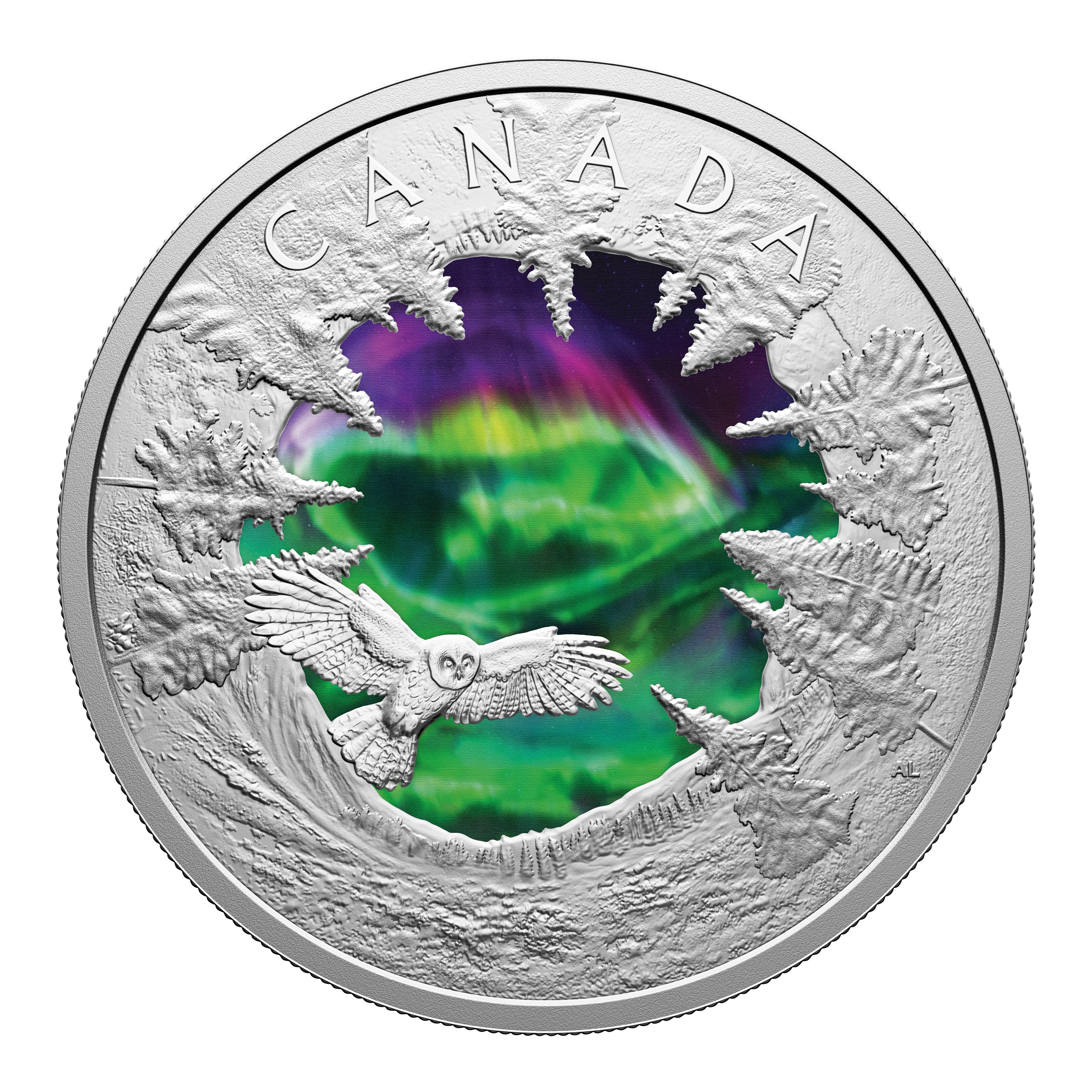 2025 Canada $30 fine silver coin with vibrant Northern Lights design, proof finish, close front view