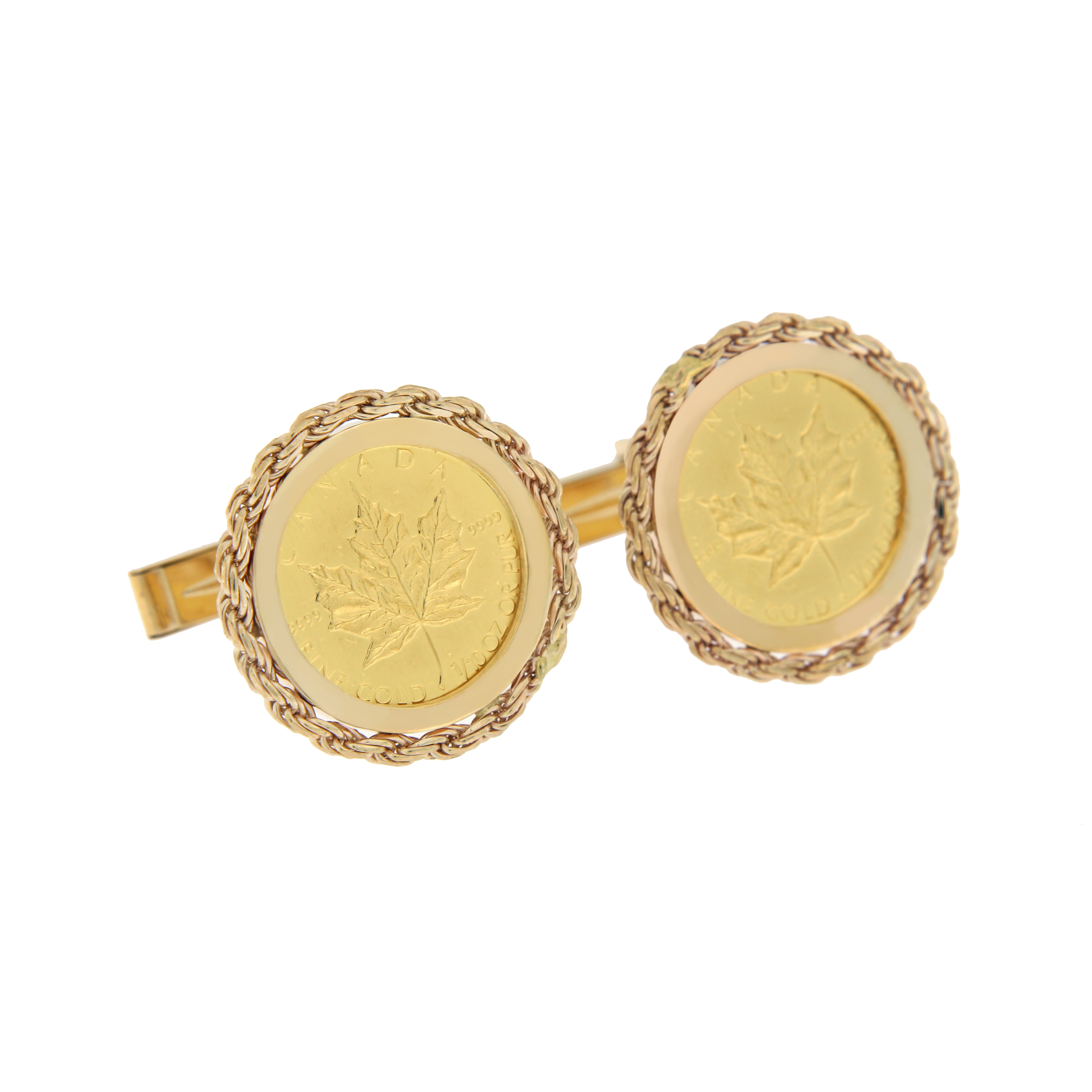 Pair of men's 14kt yellow gold cufflinks with authentic 1/10 oz gold Maple Leaf coins, displayed on black background