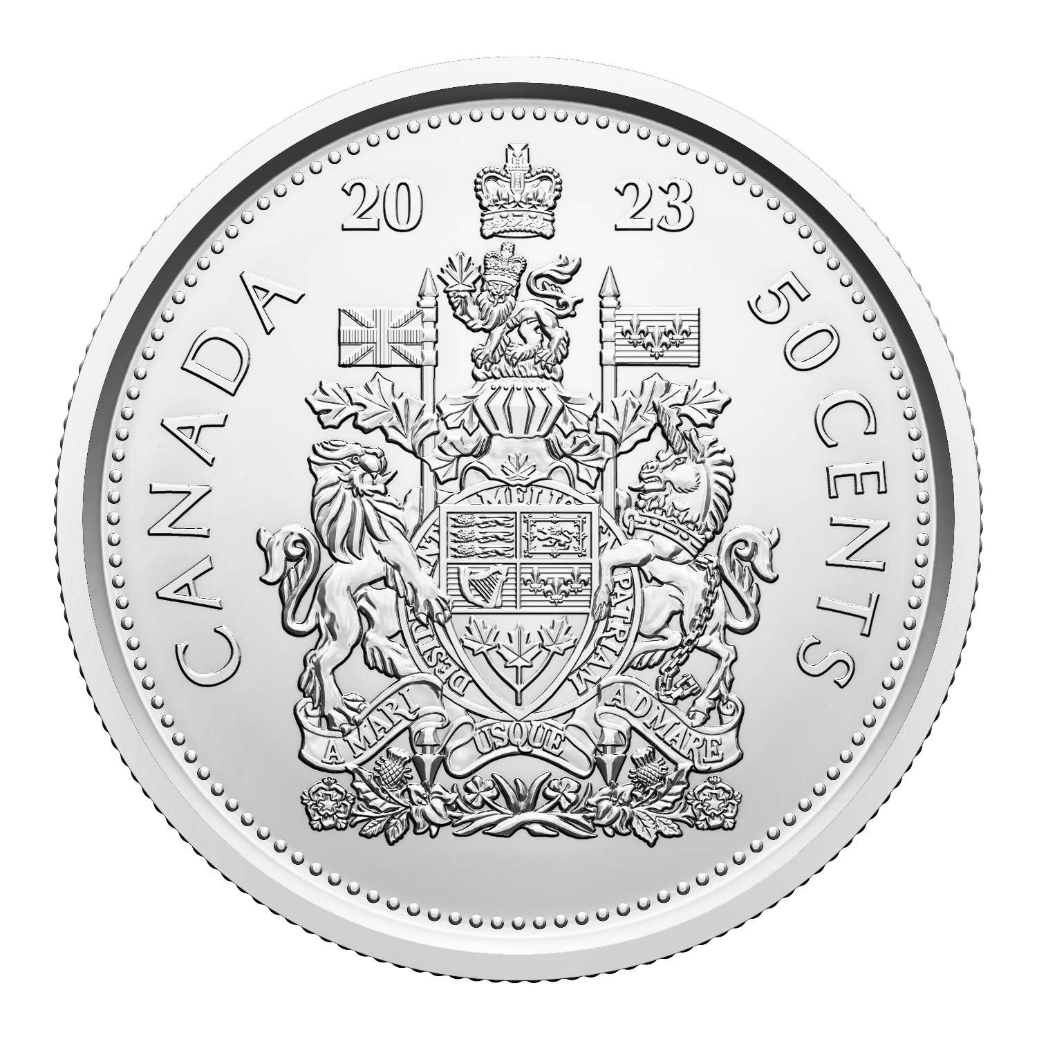 Opened special wrap roll showing 25 uncirculated 2023 Canadian 50-cent steel coins in pristine mint state condition