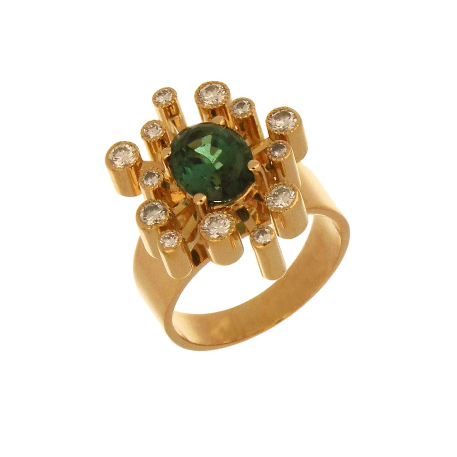Side profile of 18kt yellow gold tourmaline and diamond ring showing bezel setting and band detail