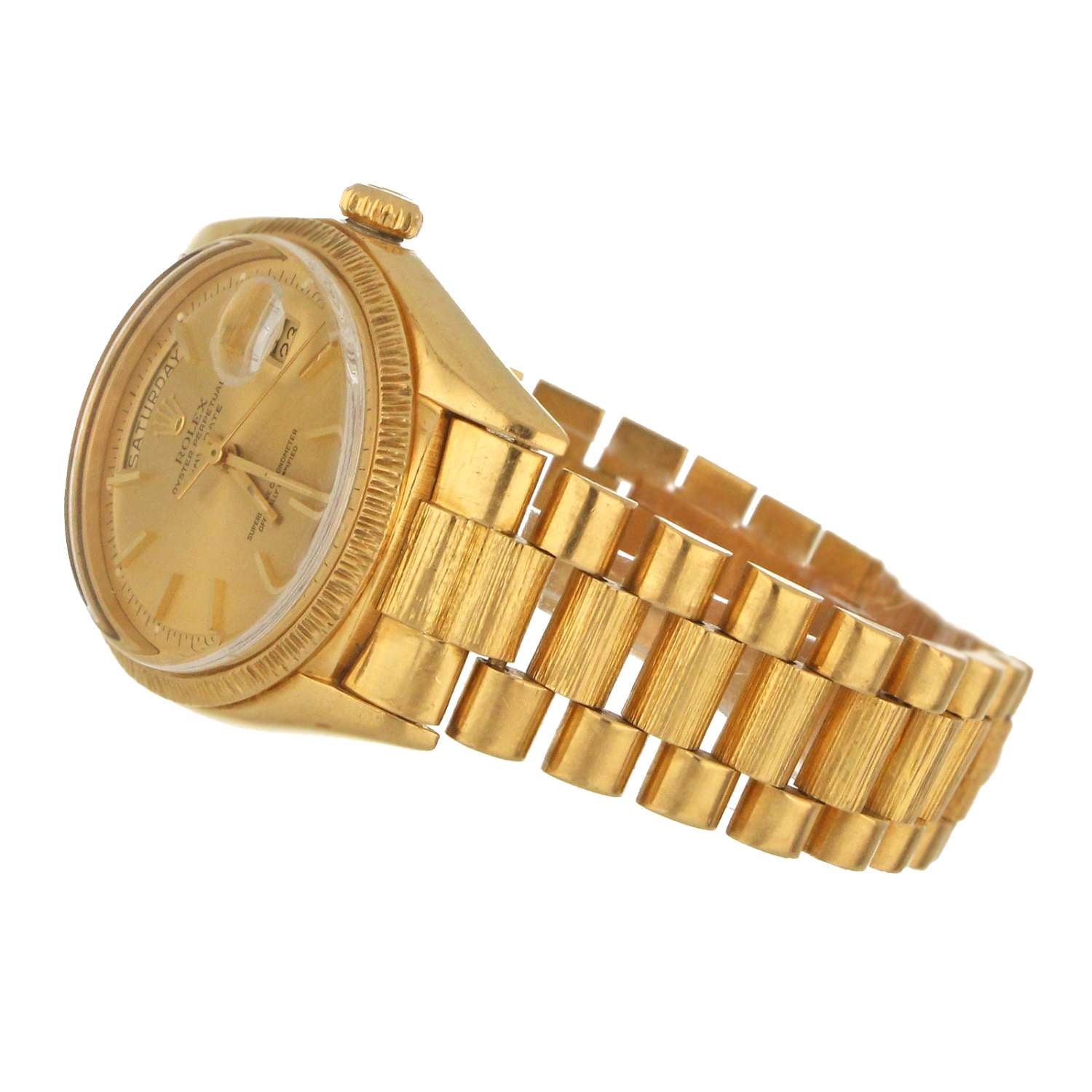 Side profile of Rolex Oyster Perpetual Day-Date showcasing yellow gold case thickness and crown