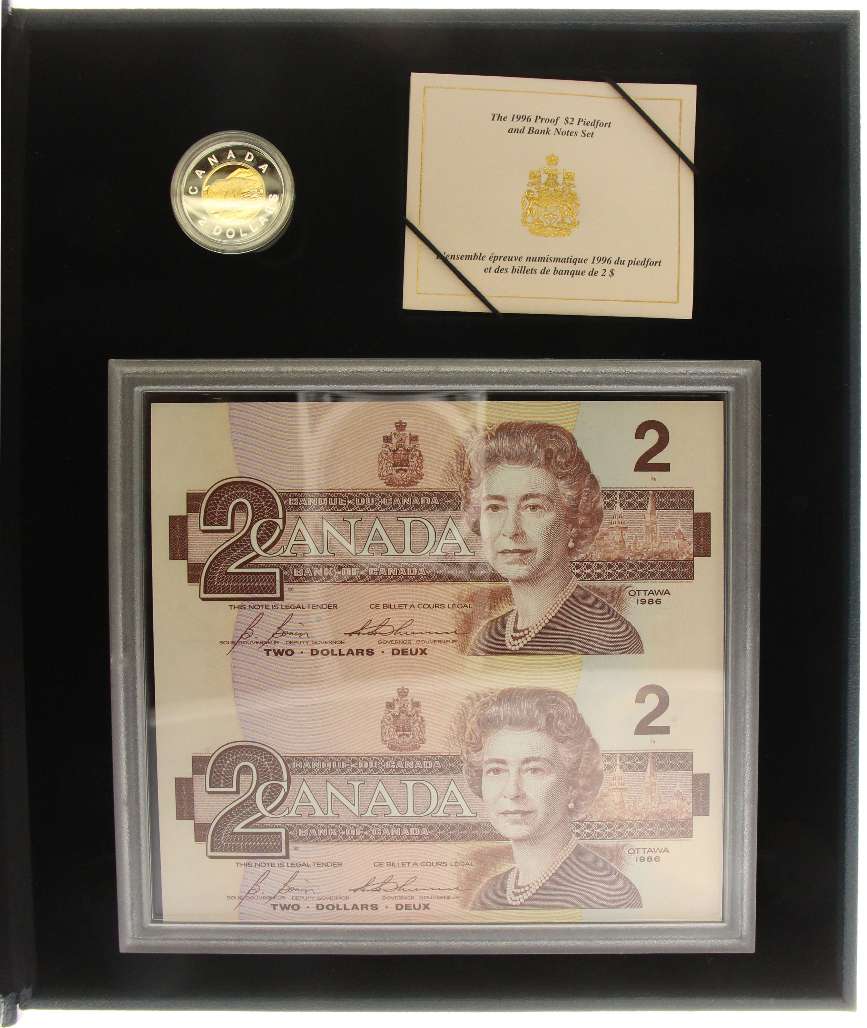 Canada Base Metal 1996 $2 Set Polar Bear, Piefort Coin ans Pair of Notes PF