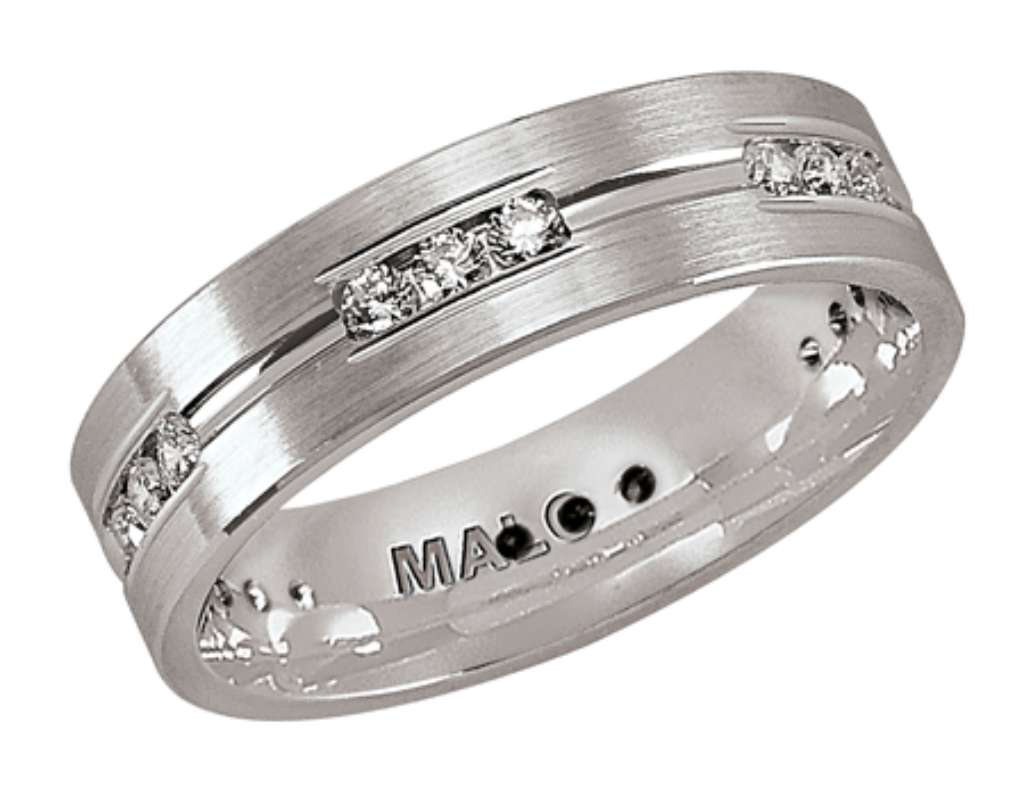 14kt white gold Malo wedding band JMD-476-6W50 with 18 round diamonds totaling 0.50 carats, shown at angled close-up.