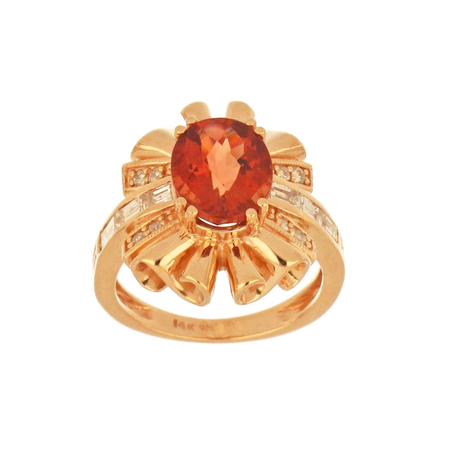 Close-up of oval andesine feldspar with visible chess cut and surrounding sparkling diamonds in rose gold setting