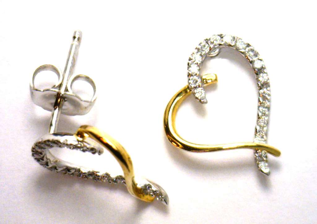 14kt yellow and white gold diamond earrings, round brilliant cut diamonds, side angle, lightweight 1.33 grams
