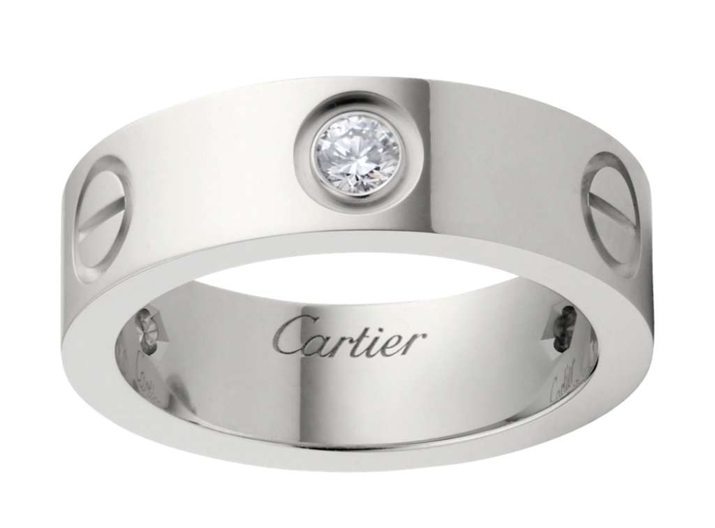 18kt white gold Cartier Love Band ring with three round brilliant cut diamonds, close-up top view