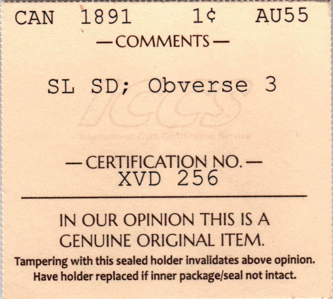 fullMatchVisible1891 SL SD; Obverse 3AU55ICCS