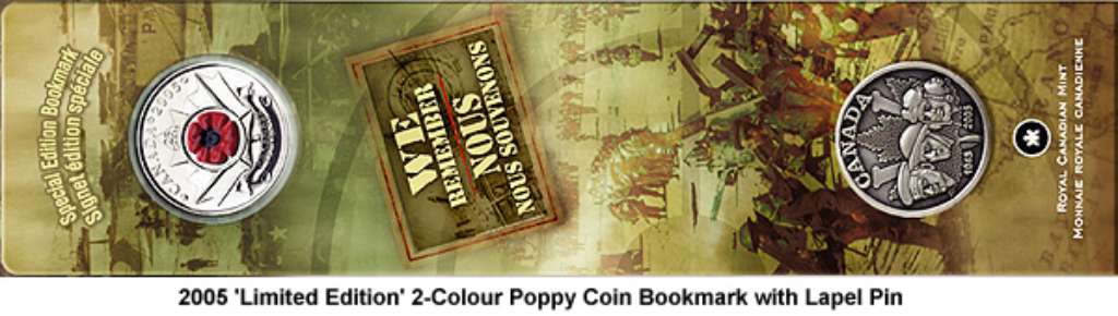 Canada Base Metal 2005 25 Cents Set Poppy Colorized with Bookmark and Lapel Pin BU
