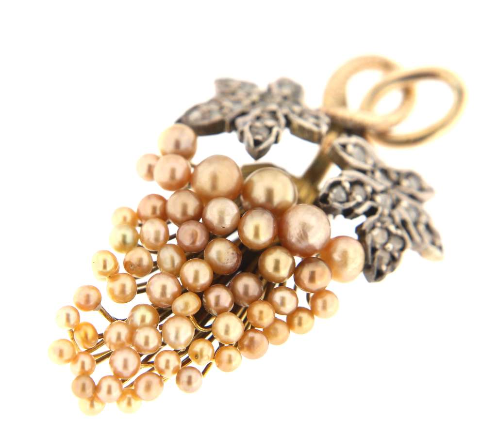 Vintage 12kt gold grape-style pendant with seed pearls and 0.16cttw rose cut diamonds on white background