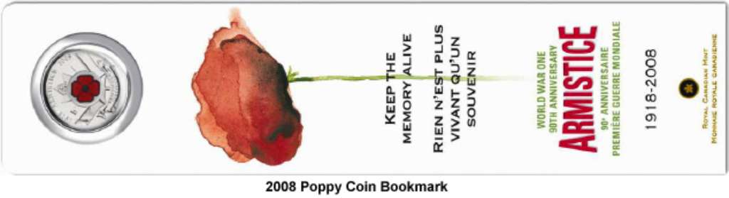 Canada Base Metal 2008 25 Cents Set Poppy Bookmark with Coloured Coin CI