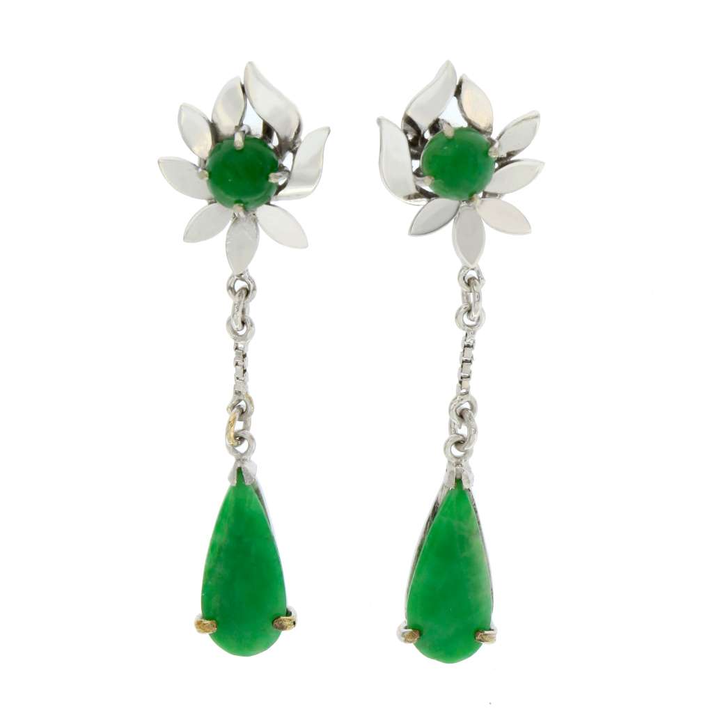 14kt white gold dangling earring with pear-shaped green jade and round jade stones, front angle detail