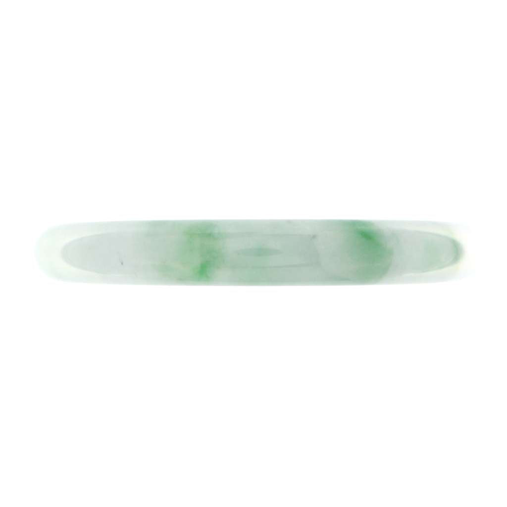 Oblique angle view of Burmese natural jadeite jade bangle highlighting color variations and overall craftsmanship