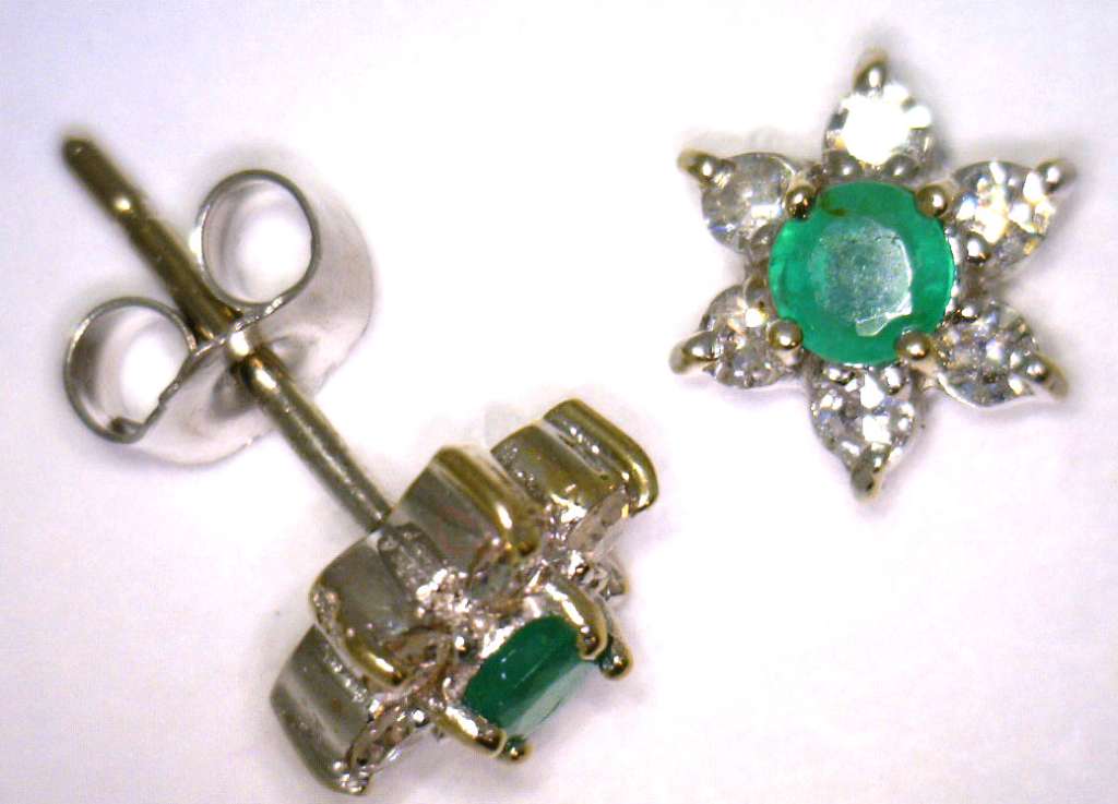 Ladies' 18kt white gold emerald and diamond earrings