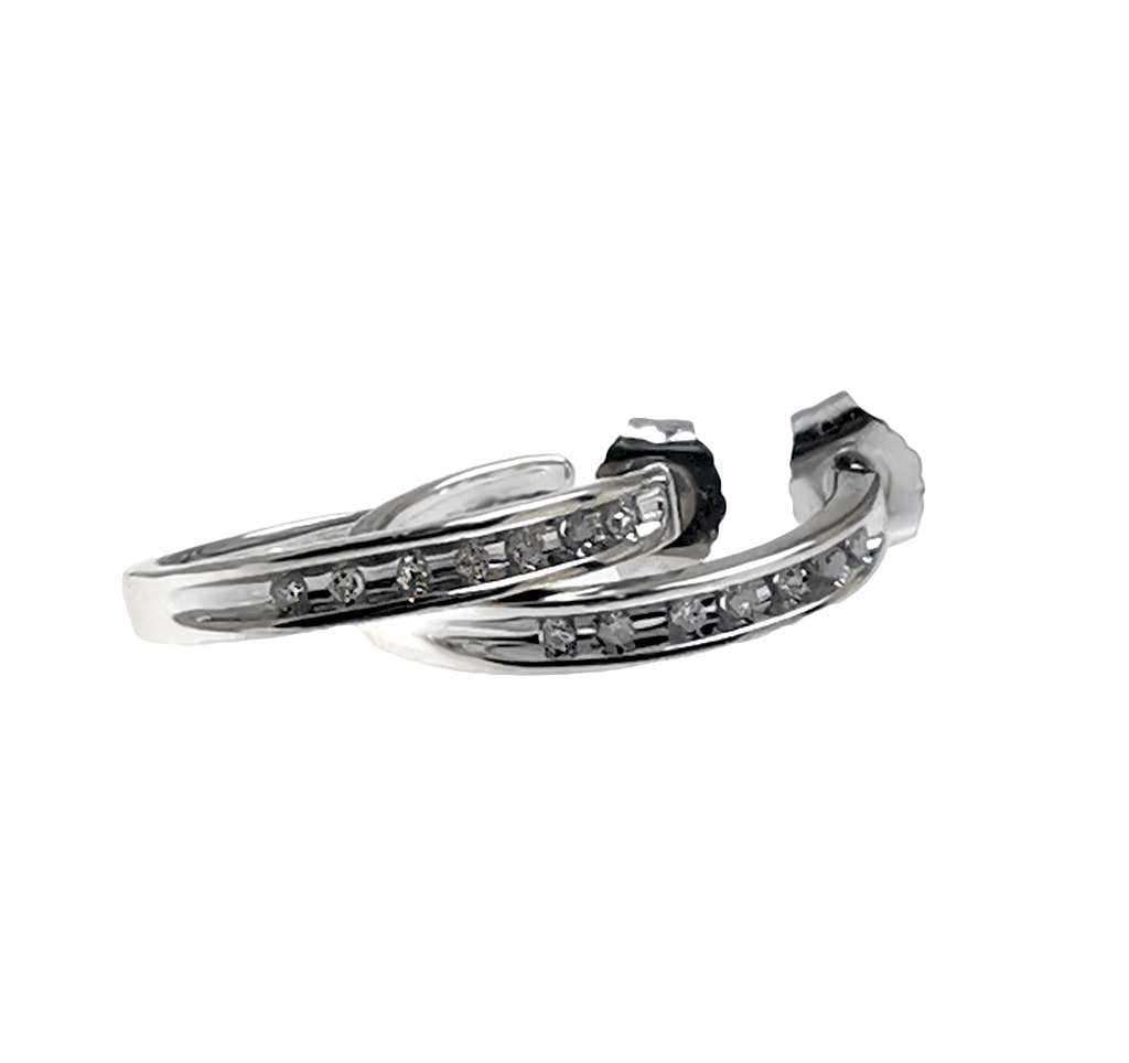 10kt white gold diamond hoop earring front angle showing round cut diamonds total 0.08cttw
