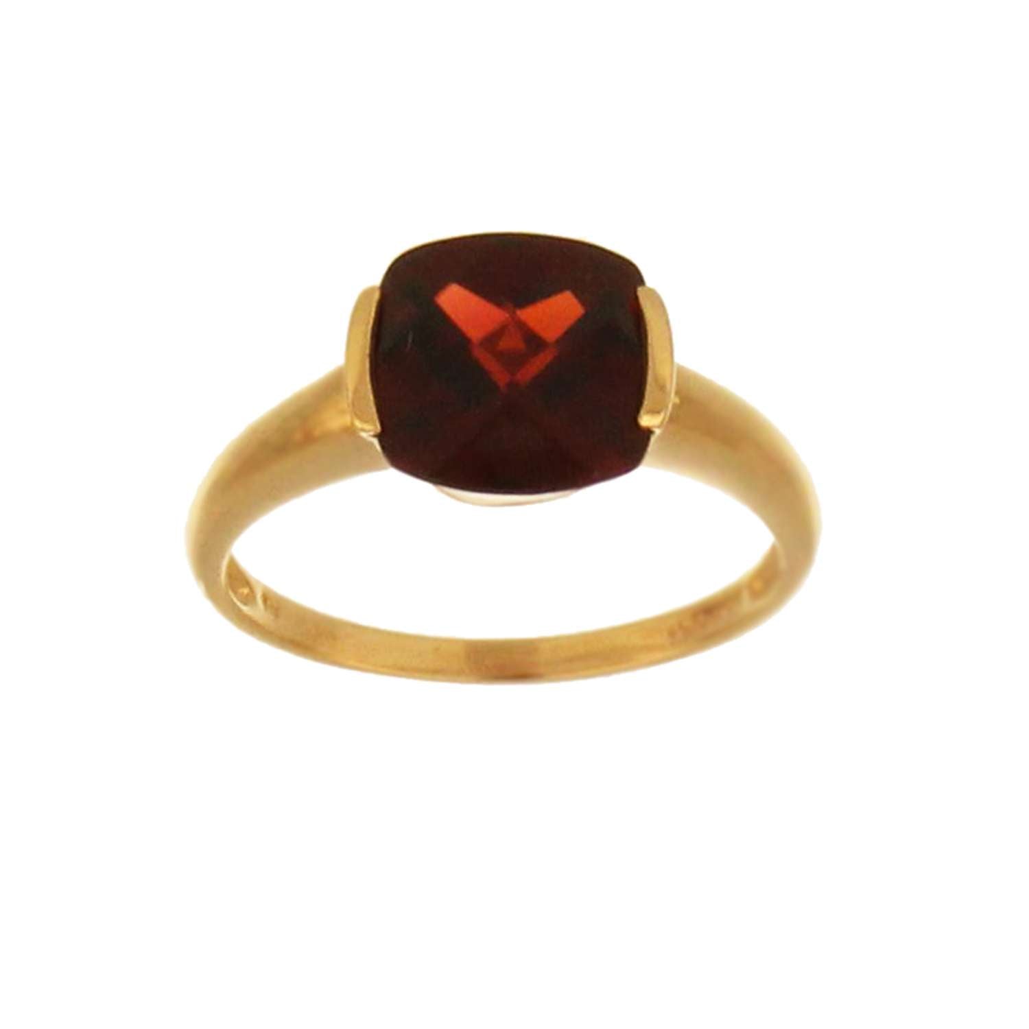 14kt yellow gold ring with cushion-cut garnet viewed from top angle, showcasing deep red stone and channel setting