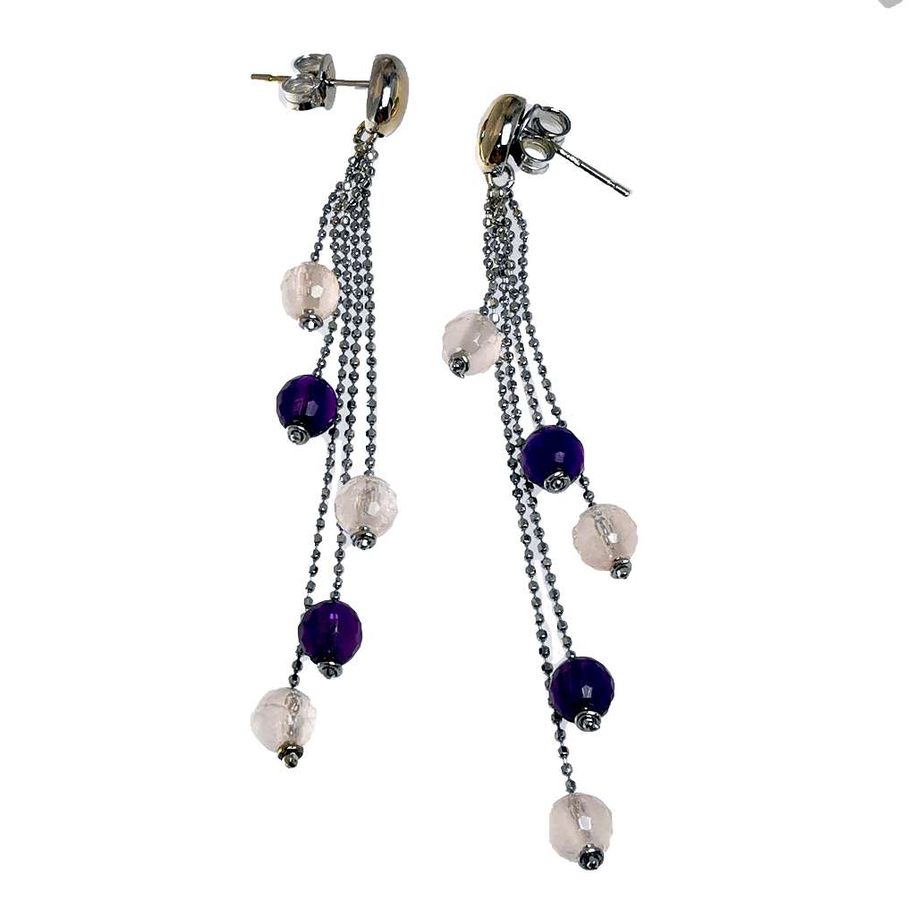 18kt white gold dangling style pink quartz and amethyst earring