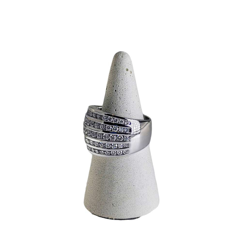 Close-up of the 10kt white gold band with channel-set diamonds showing clarity and color gradation