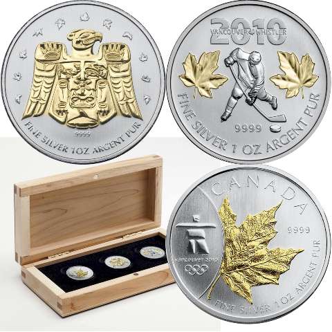 Canada Silver 2010 $5 Set Vancouver Olympics, Selective Gold-plating, 3-coins 3oz, .925