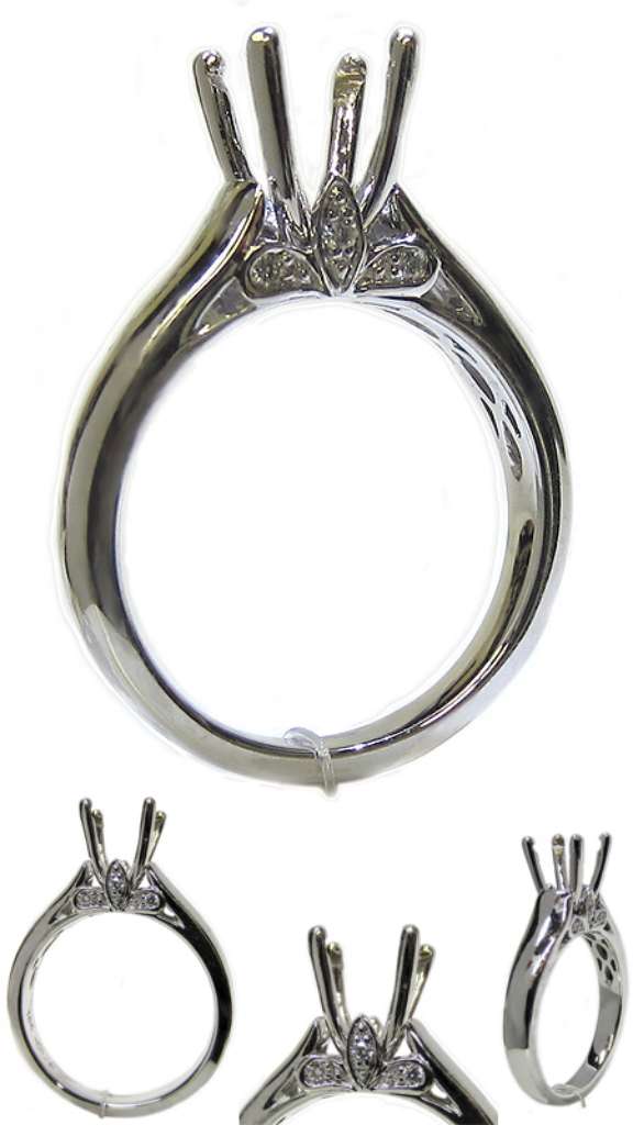18kt white gold ladies' fancy engagement ring semi-mount, top angle showing setting with 6 round brilliant diamonds totaling approx. 0.06cttw