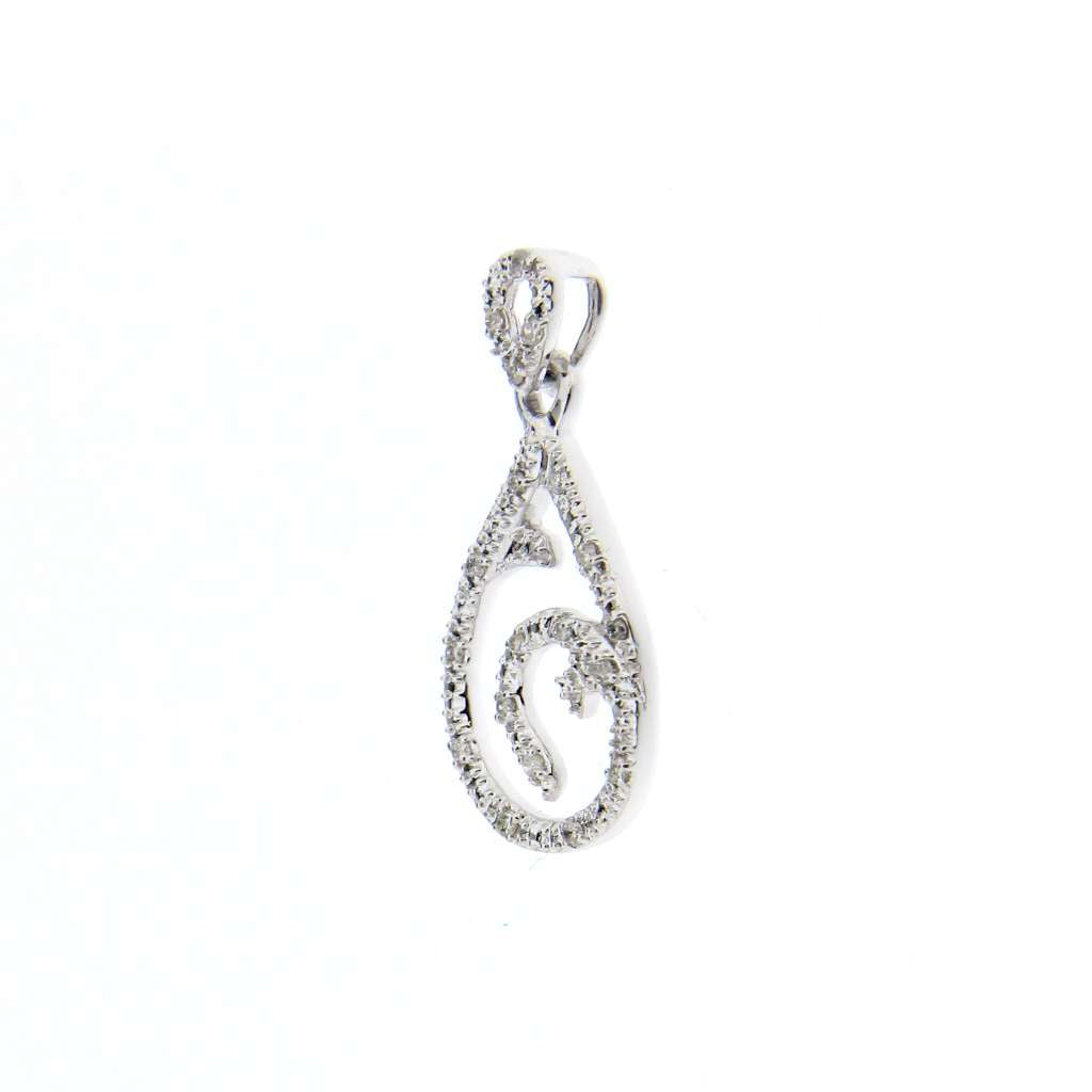 Side angle of 10K white gold diamond pendant highlighting pear shape and delicate craftsmanship