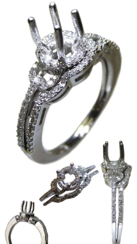 Ladies' 14kt white gold fancy engagement ring semi-mounting with matching wedding band