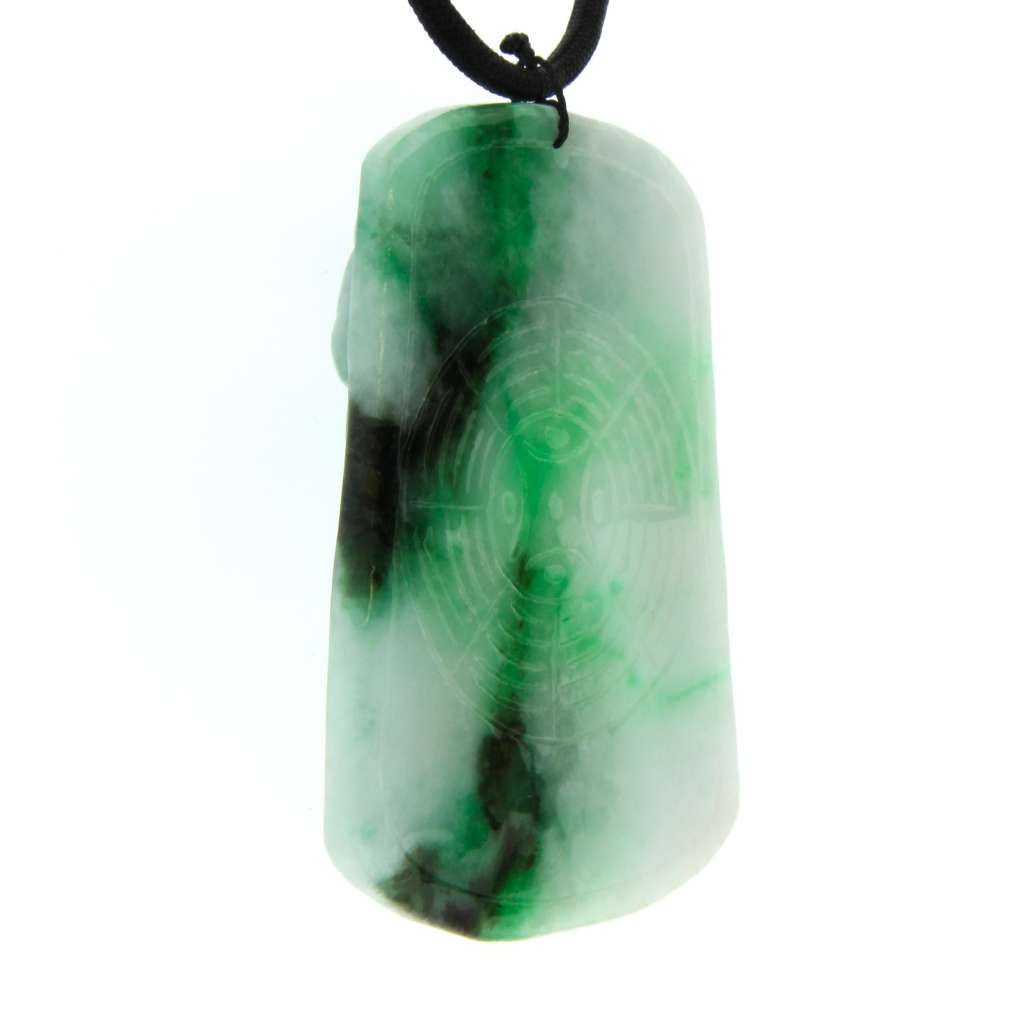 Side angle of large Burmese jadeite jade double-sided pendant highlighting thickness and lustrous surface