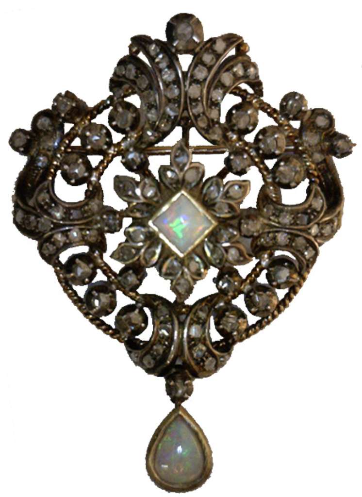 Antique Victorian 18kt yellow gold and silver brooch with central square white opal and surrounding rose-cut diamonds, top front view