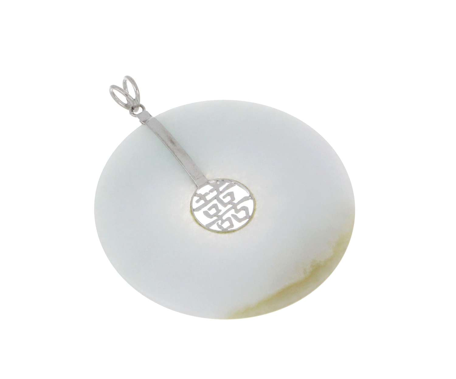 Top-angle image of authentic Chinese jadeite jade donut pendant mounted on sterling silver bail, highlighting fine craftsmanship