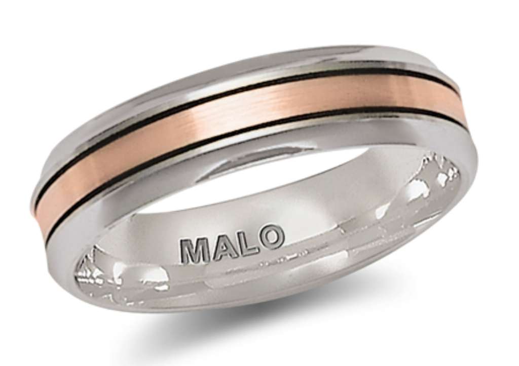 14kt white and rose gold Malo wedding band JM-561-6WPG, two-tone finish, close-up angle showcasing smooth comfort fit design