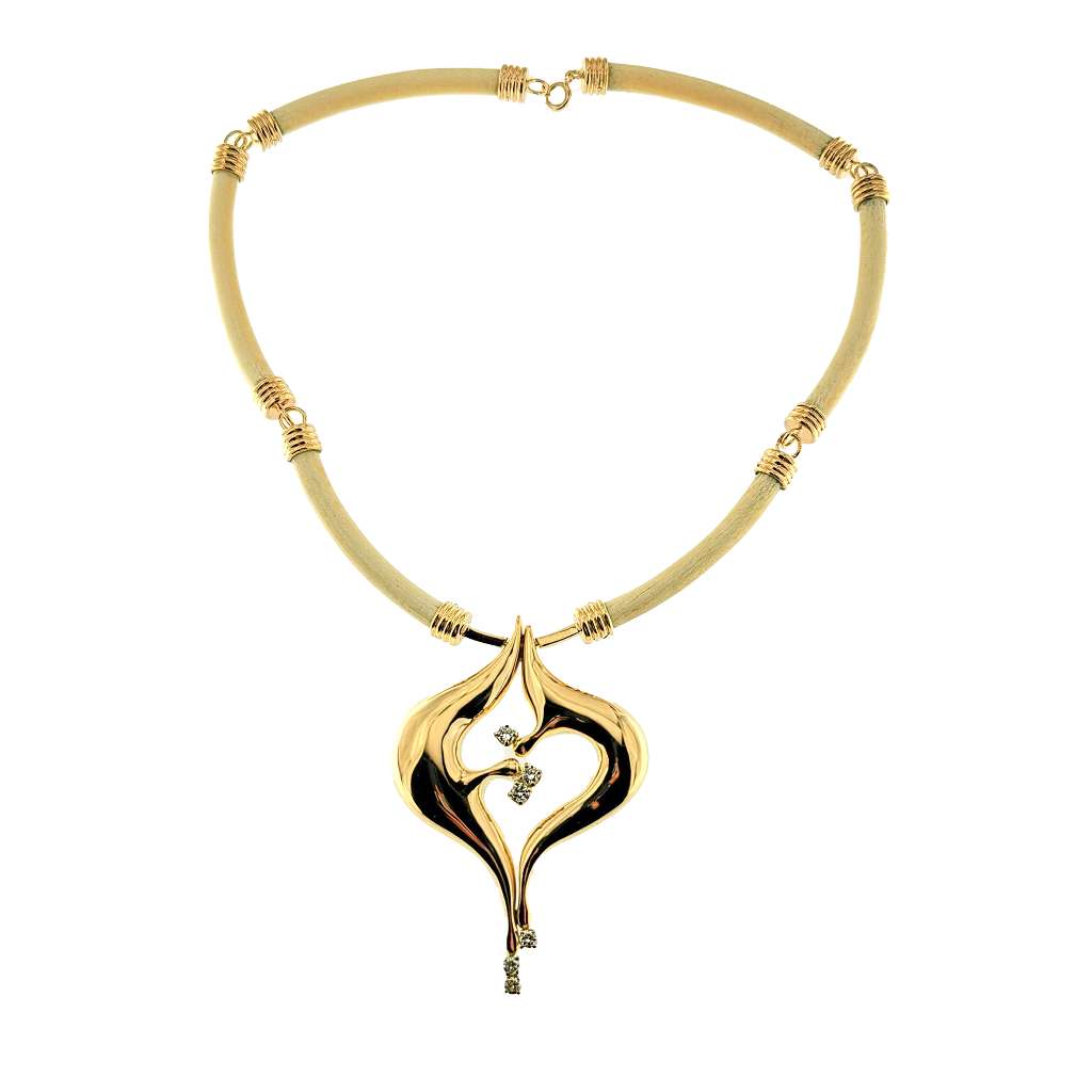 14kt yellow gold necklace featuring six round brilliant cut diamonds alongside tube-shaped animal bone segments, angled close-up showing craftsmanship