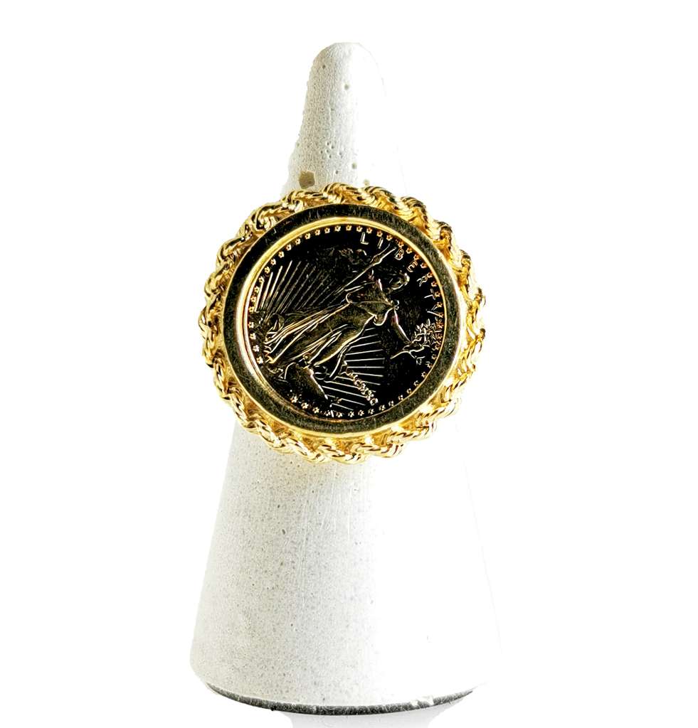 14kt yellow gold coin ring with rope bezel, front view highlighting 22kt American 1/10 oz gold Liberty coin, approx. 9.21 grams