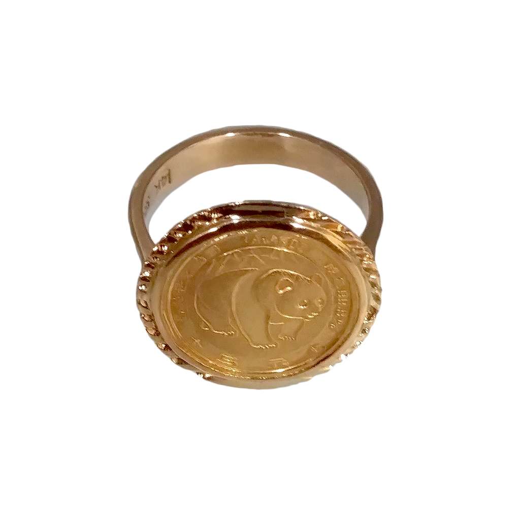 14kt yellow gold ring featuring a 24kt China Panda 1/10 oz gold coin, bezel set, side angle showing band and coin detail