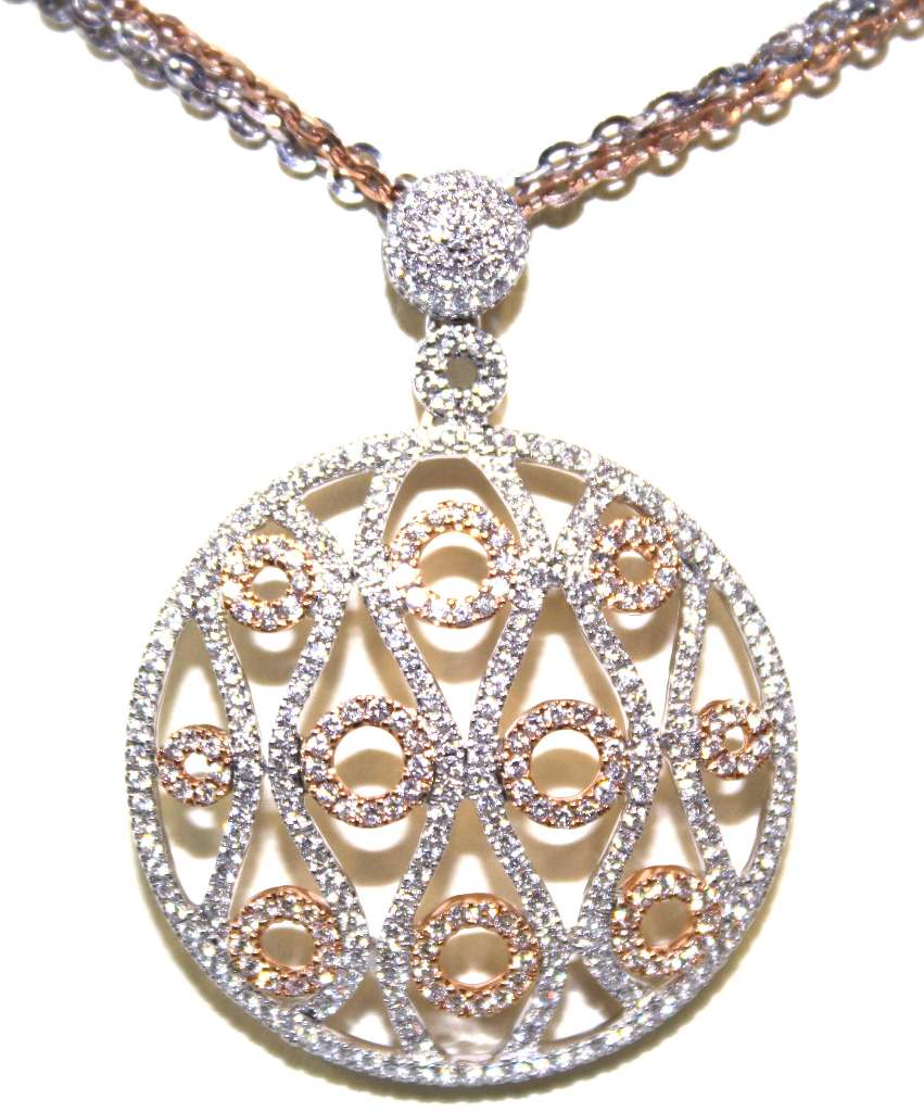 Detailed angle showing combined white and rose gold with sparkling round diamonds pendant